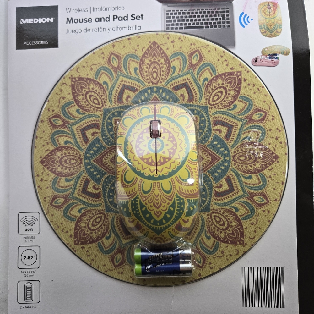 Medion Wireless Mouse and Pad Set with Mandala Design NEW 30ft. Range NIB